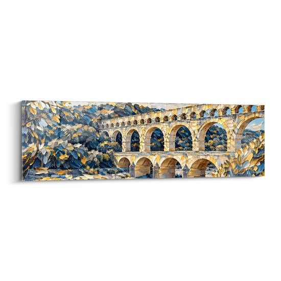 Tableau Aqueduc doré et bleu aux frondaisons touffues - Piliers bas de pierre - Edition Pont du Gard Occitanie France