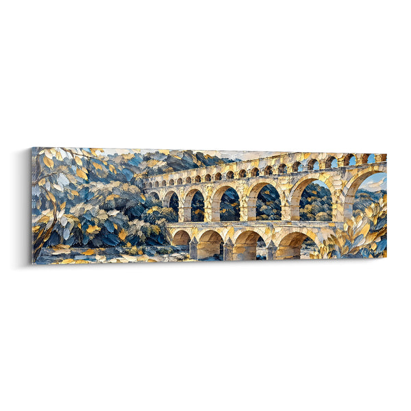 Πίνακας Aqueduct με χρυσό και μπλε φυλλώματα πυκνά - Χαμηλές πέτρινες κολόνες - Έκδοση Pont du Gard Occitanie Γαλλία