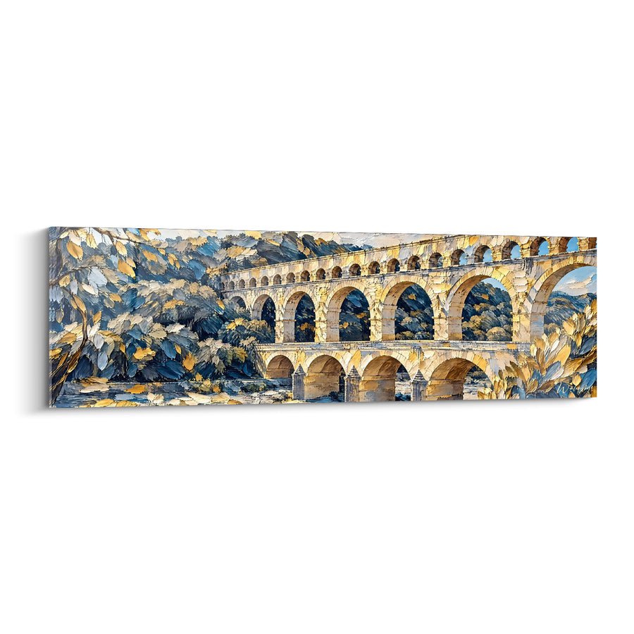 Tableau Aqueduc doré et bleu aux frondaisons touffues - Piliers bas de pierre - Edition Pont du Gard Occitanie France
