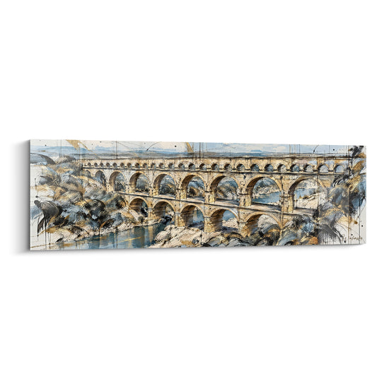 Tableau Aqueduc panoramique beige et bleu aux rochers sombres - Vue large monumentale - Edition Pont du Gard Occitanie France