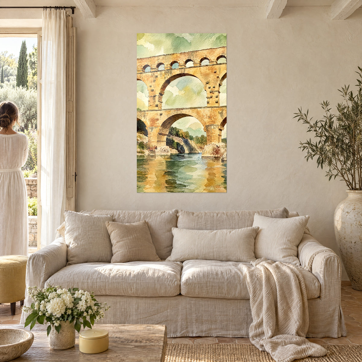 Aqueduc romain doré et vert d'eau peint à l'aquarelle, au-dessus d'un lit dans une chambre claire