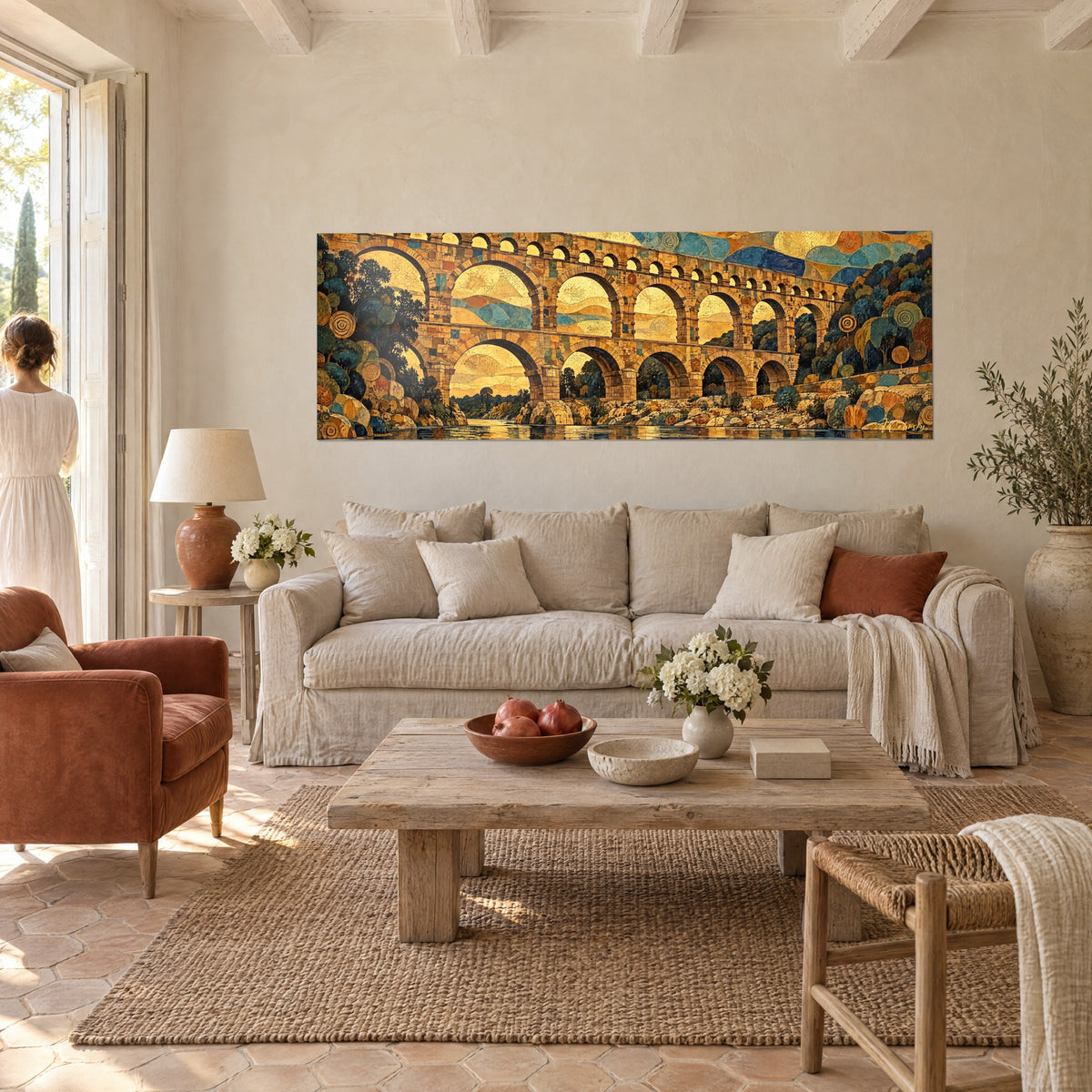 Wall art Roman aqueduct in golden stone and midnight blue, ochre arches, spirals on the rocks, above a sofa in a bright living room