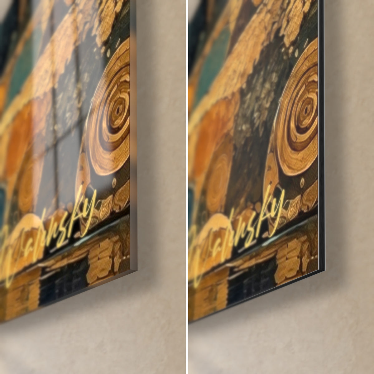 Wall art ancient bridge in ochre and blue, bottom right corner: glossy acrylic glass on the left, matte Dibond aluminium on the right, 3 mm edge