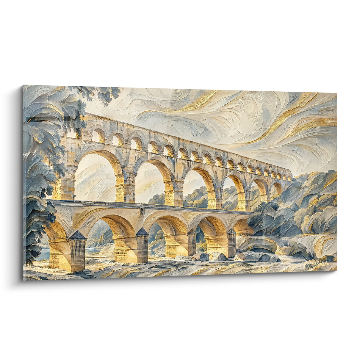 Gemälde Pont du Gard in Gold und Schieferblau, römische Bögen, Aquarellstruktur, stürmischer Himmel