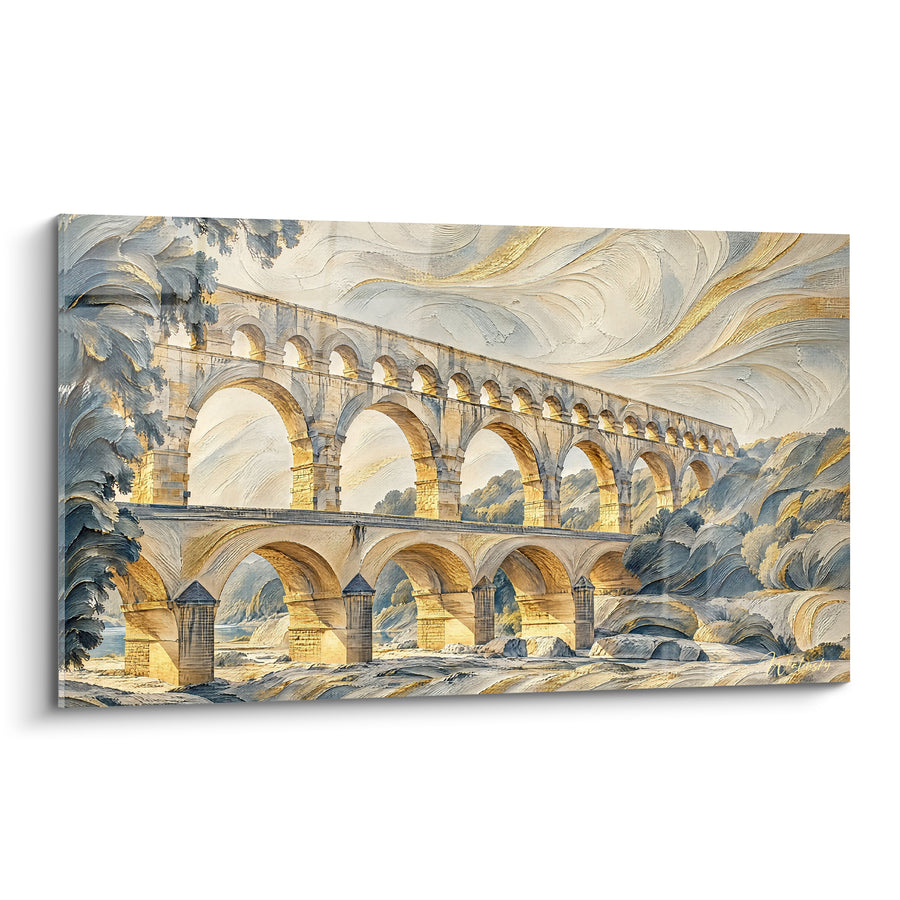 Tableau Aqueduc doré et gris aux tourelles de pierre - Ciel tourbillonnant en volutes - Edition Pont du Gard Occitanie France