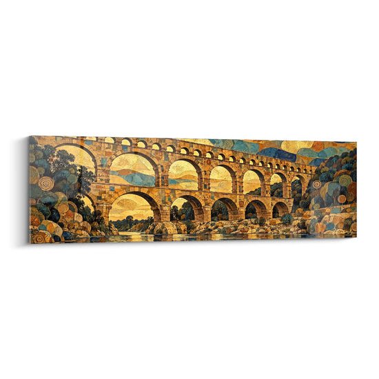 Tableau Aqueduc ocre et bleu aux cercles concentriques - Spirales sur les rochers - Edition Pont du Gard Occitanie France