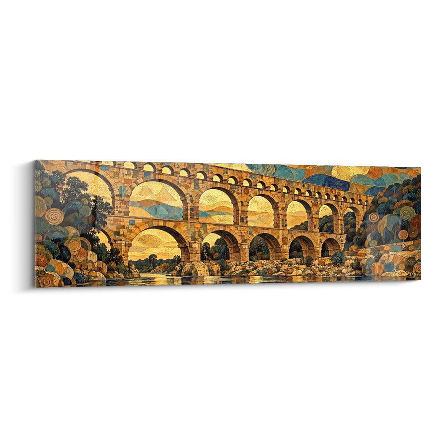 Tableau Aqueduc ocre et bleu aux cercles concentriques - Spirales sur les rochers - Edition Pont du Gard Occitanie France