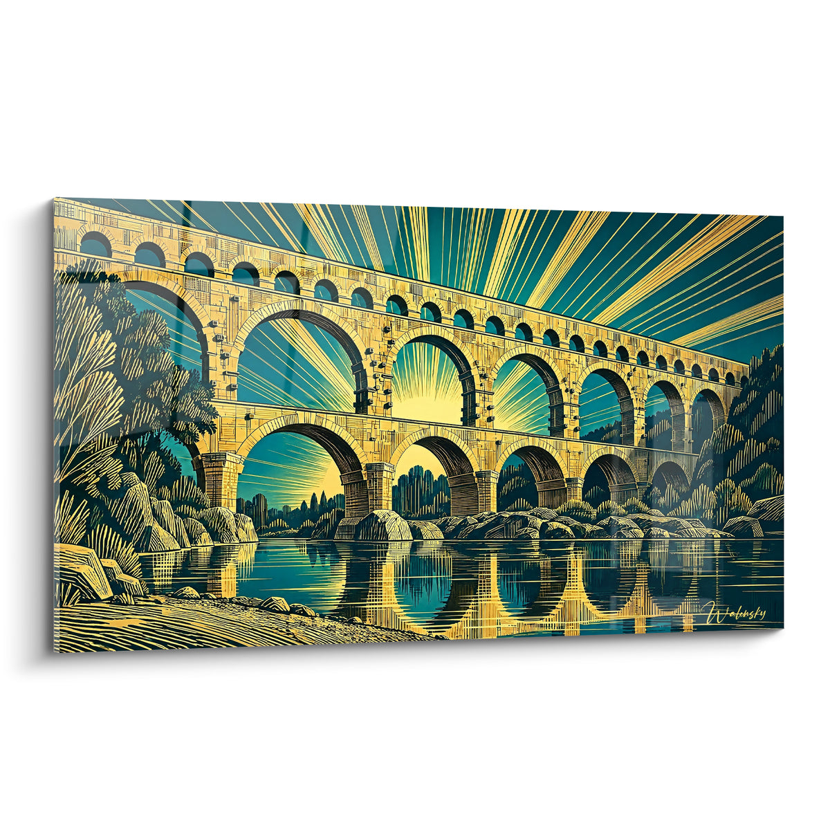 Πίνακας Pont du Gard εικονογραφημένος σε χρυσό και πετρόλ, ρωμαϊκές αψίδες κάτω από λαμπερές ακτίνες φωτός