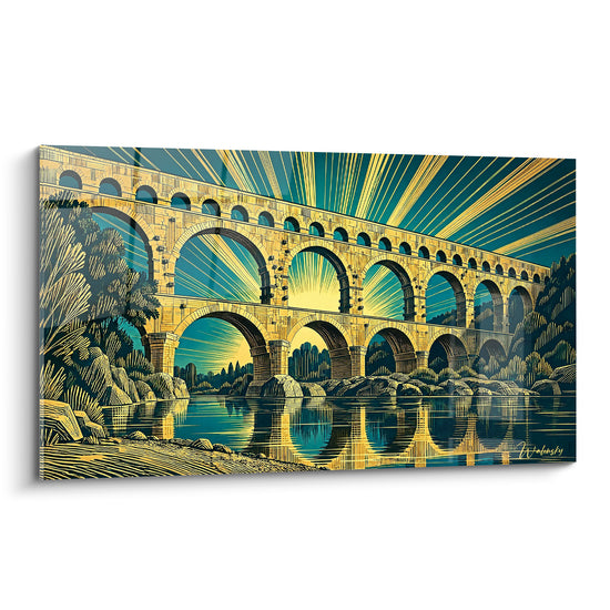 Tableau Aqueduc doré rayons de soleil - Lumière antique - Edition Pont du Gard Occitanie France