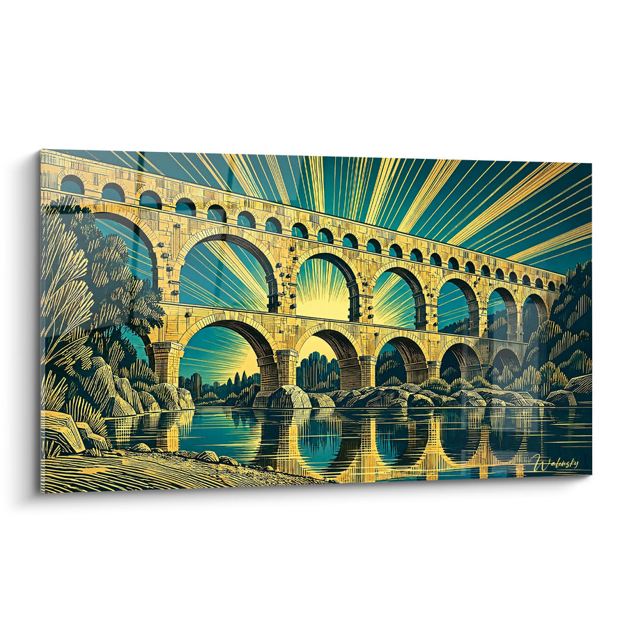 Tableau Aqueduc doré rayons de soleil - Lumière antique - Edition Pont du Gard Occitanie France
