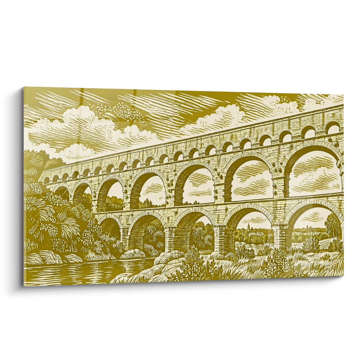 Pont du Gard en gravure dorée et ivoire, arches romaines superposées sur fond de nuages