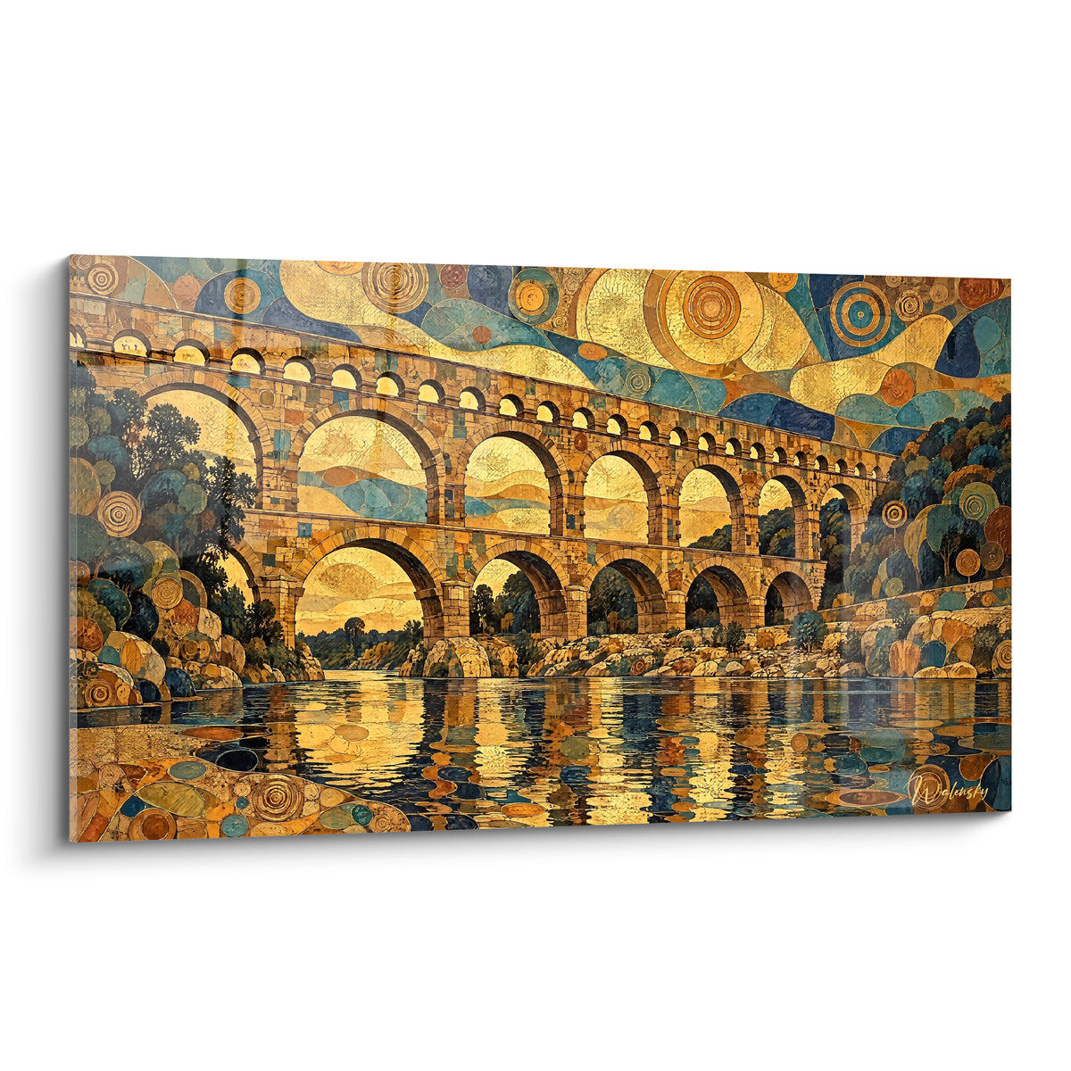 Obraz złoty Pont du Gard w mozaice, granatowe i ochrowe łuki odbite w spokojnej wodzie