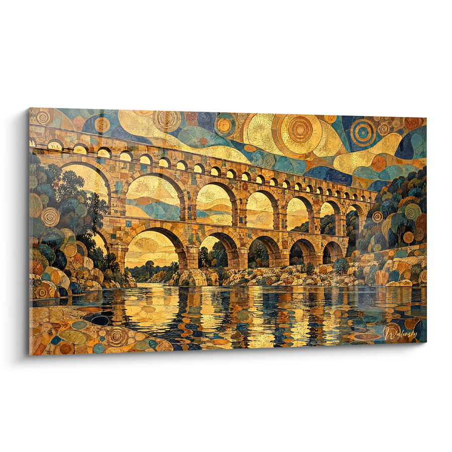Tableau Pont du Gard doré aux arches mosaïquées - Éclat romain - Edition Pont du Gard Occitanie France