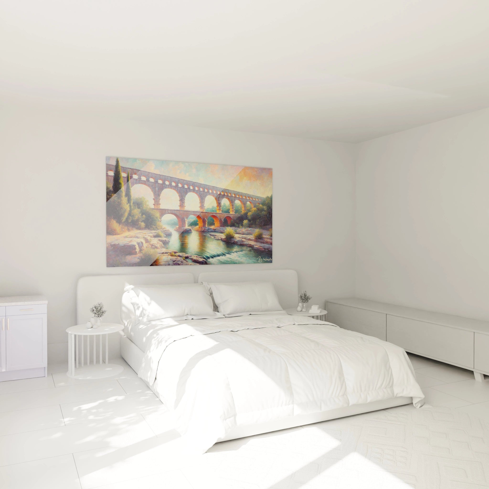 tableau France dans une chambre au dessus du lit aqueduc ancien paysage calme riviere reflets verts beiges douce lumière

