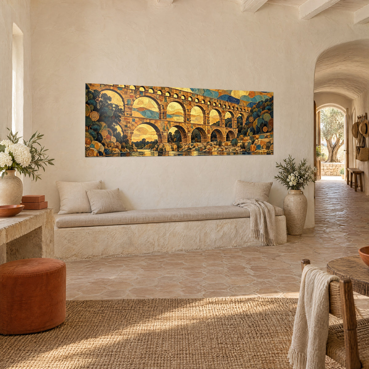 Wall art three tiers of ochre and honey arches, turquoise blue wave sky, three-quarter view in a Provençal farmhouse