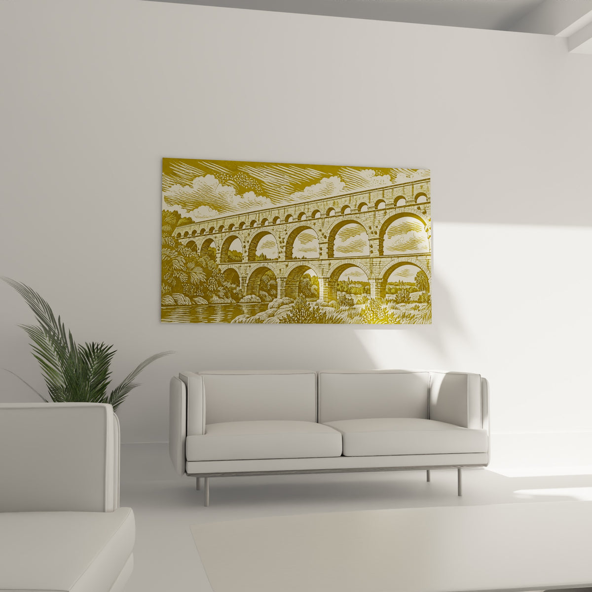 Aqueduc romain ocre et ivoire du Pont du Gard disposé au-dessus d'un canapé dans un salon lumineux