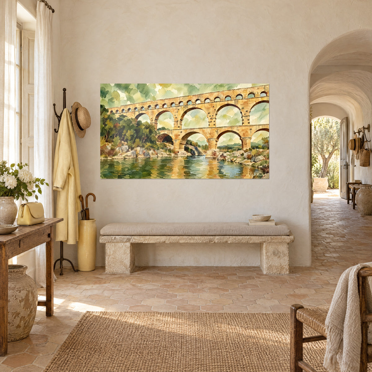 Gemälde Pont du Gard in Aquarell, honiggelbe und salbeigrüne Spiegelungen im Fluss, dreiviertel Ansicht in einem provenzalischen Landhaus