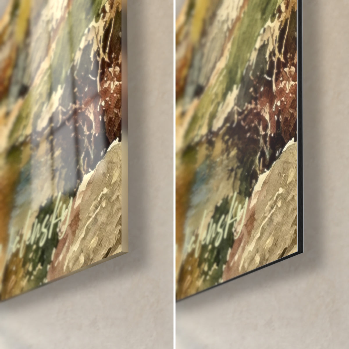 Gemälde mit drei Bogenreihen aus ockerfarbenem Stein und Grün, untere rechte Ecke: glänzendes Acrylglas und mattes Dibond-Aluminium, 3 mm Kante