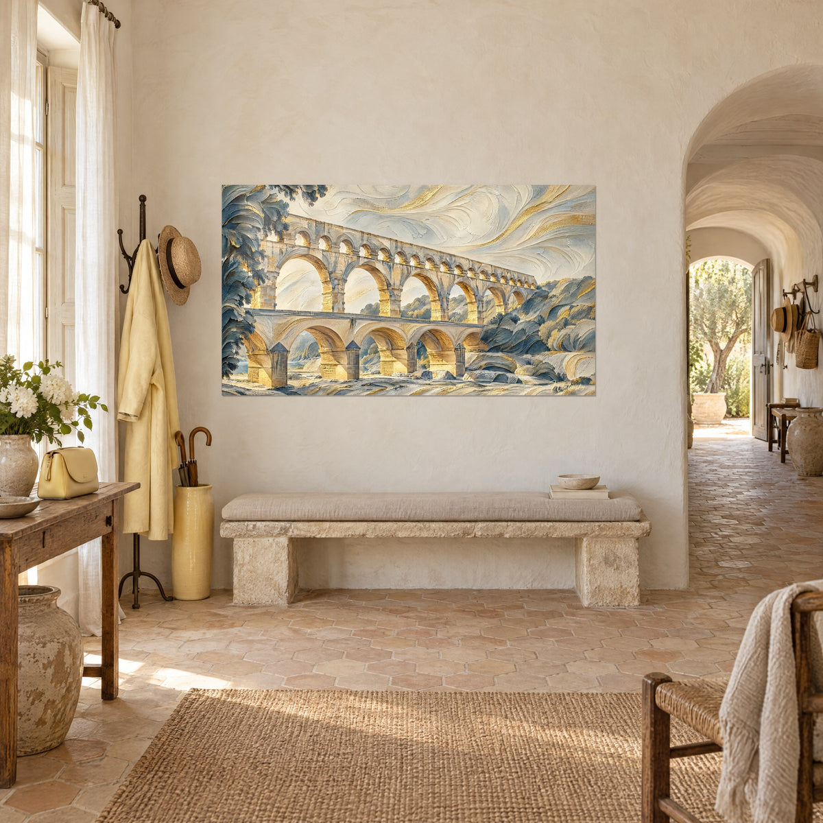 Gemälde Pont du Gard in pastoser Malerei, ockerfarbener Stein und blaugrau, Himmel in Schwüngen, in einem provenzalischen Landhaus dreiviertel von der Seite gesehen