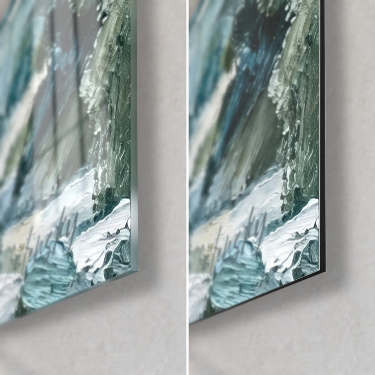 Gemälde Steinbögen in grauen und blauen pastosen Pinselstrichen, untere rechte Ecke: glänzendes Acrylglas links, mattes Dibond rechts