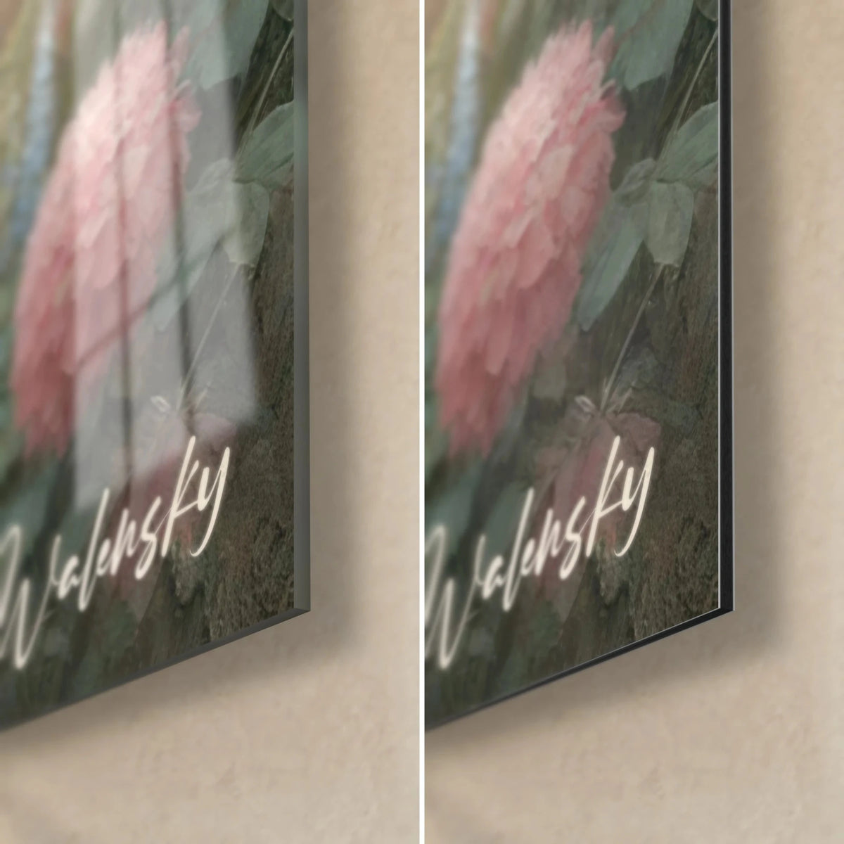 Quadro ortensia rosa cipria dipinta su vetro lucido con riflessi e alluminio Dibond opaco, foglie verde scuro, spessore 3 mm, angolo in basso a destra