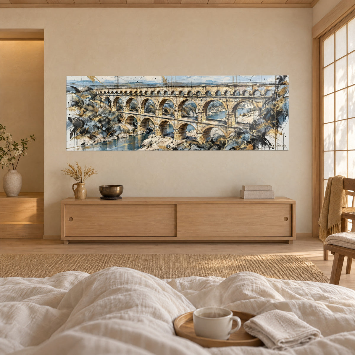 Gemälde dreistöckige Bogenreihen aus goldenem Stein, kohlschwarze Felsen und bläulicher Fluss, mit einer Frau von hinten, über einem Bett in einem hellen Schlafzimmer