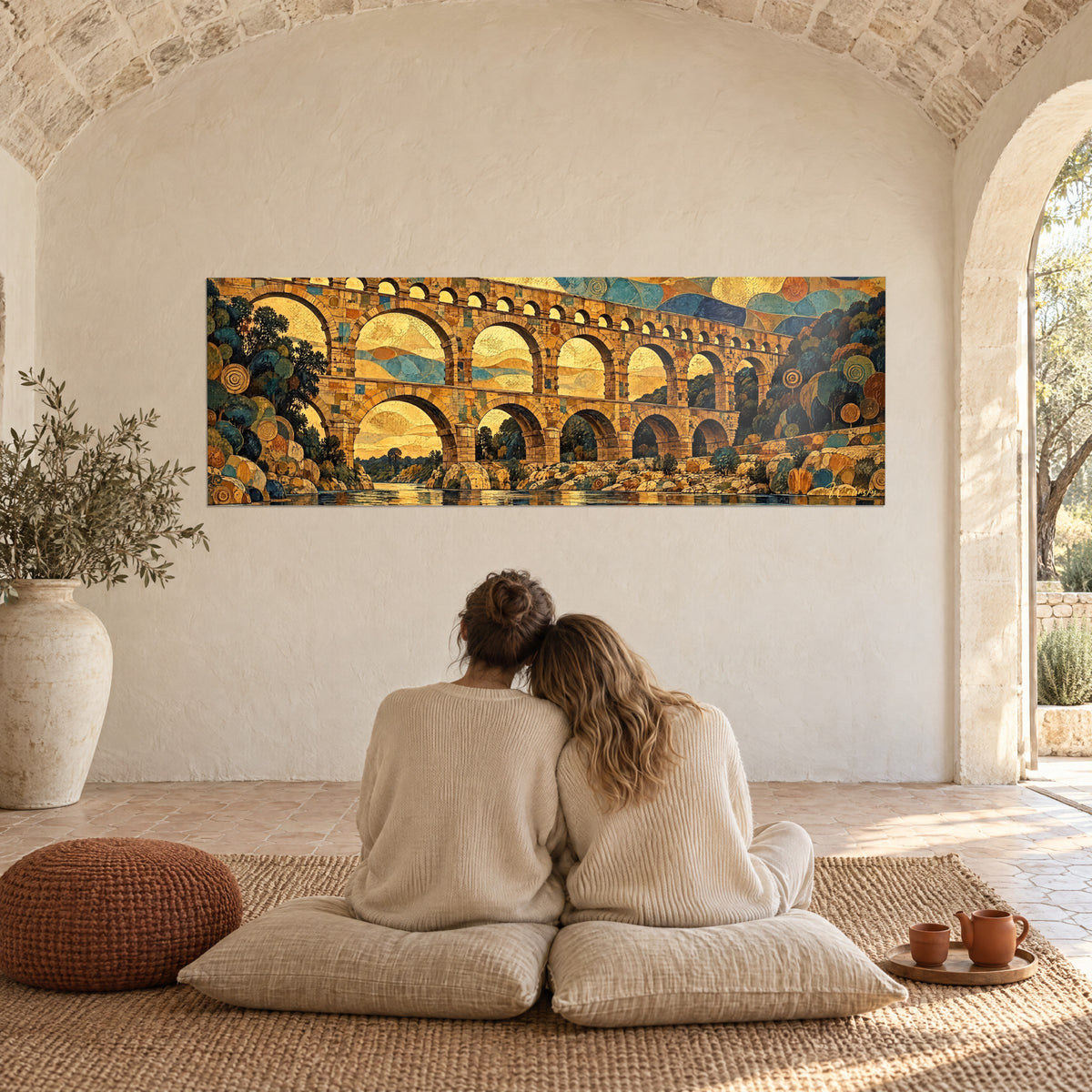 Wall art golden Roman structure, blue-green foliage with scrolls and ochre-blue sky, facing a couple seen from behind in a Provençal farmhouse