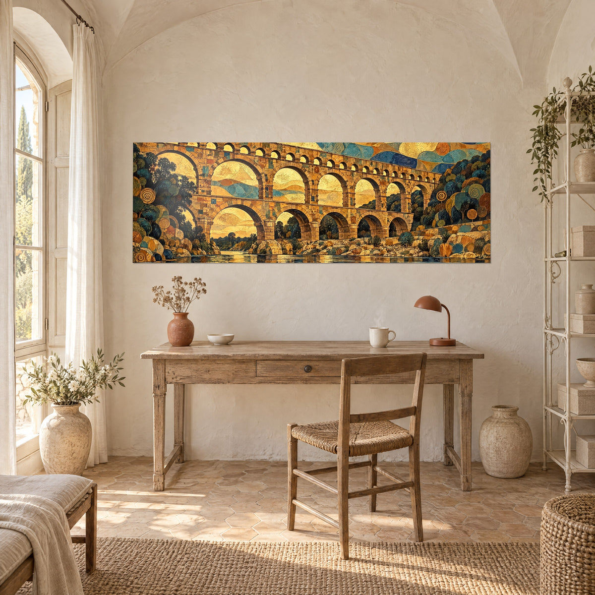 Wall art saffron yellow stone arches, dark river and round rocks with brown spirals, above a wooden desk in a farmhouse