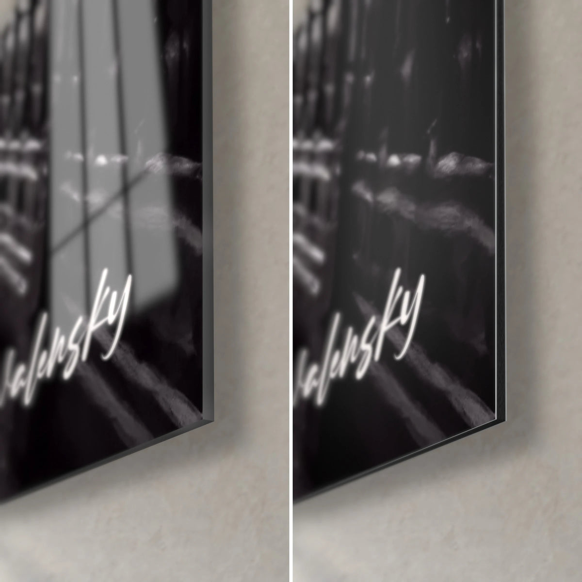 Cuadro de un trovador nocturno en blanco y negro, esquina inferior derecha: cristal brillante con reflejos plateados, aluminio Dibond gris antracita mate, canto de 3 mm