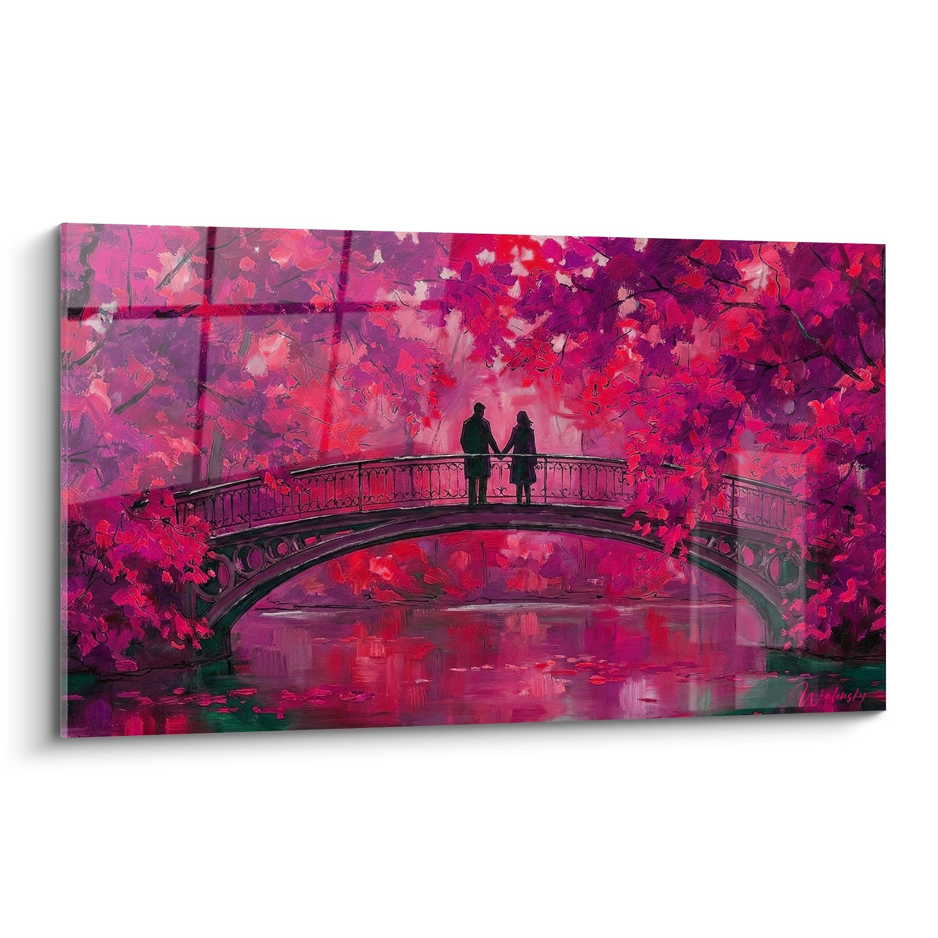 tableau silhouettes pont parisien fuchsia roses reflets eau ambiance romantique impressionniste manhattan