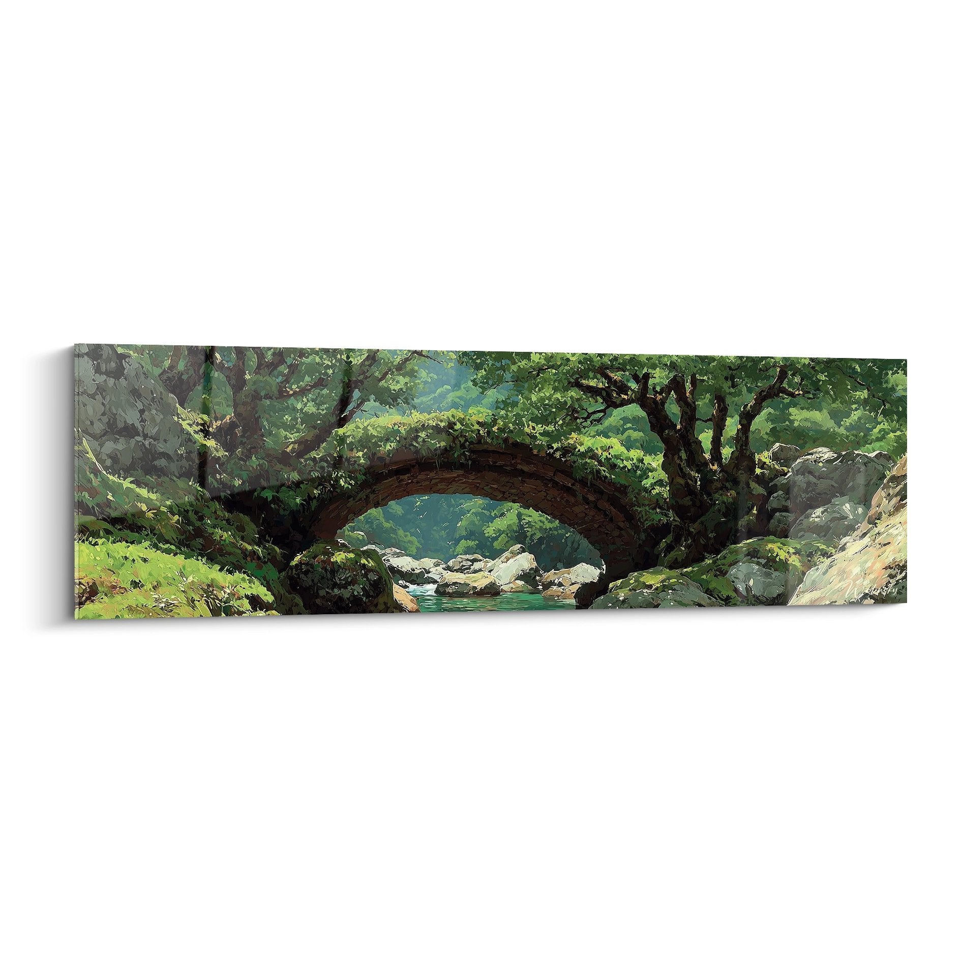 Tableau mural pont de pierre en forêt avec arbres verts et cours d'eau, art nature mystique