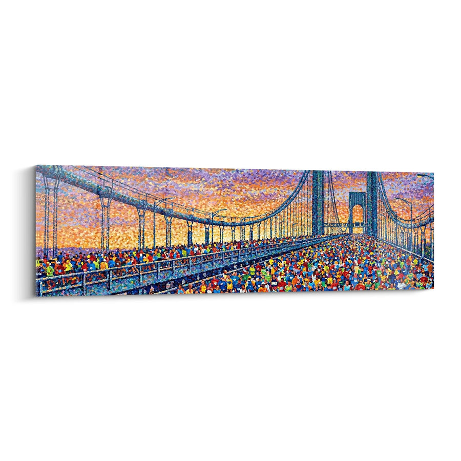 Tableau pont suspendu avec foule colorée au coucher de soleil pointilliste - Traversée urbaine - Edition Saten Island