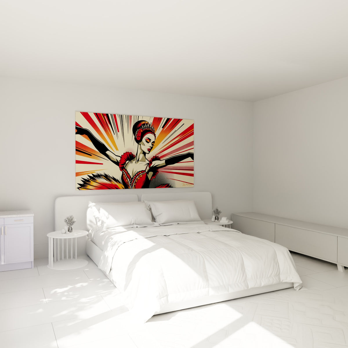 Ballerine flamboyante aux teintes rouge et dorée, accrochée au-dessus d'un lit dans une chambre claire