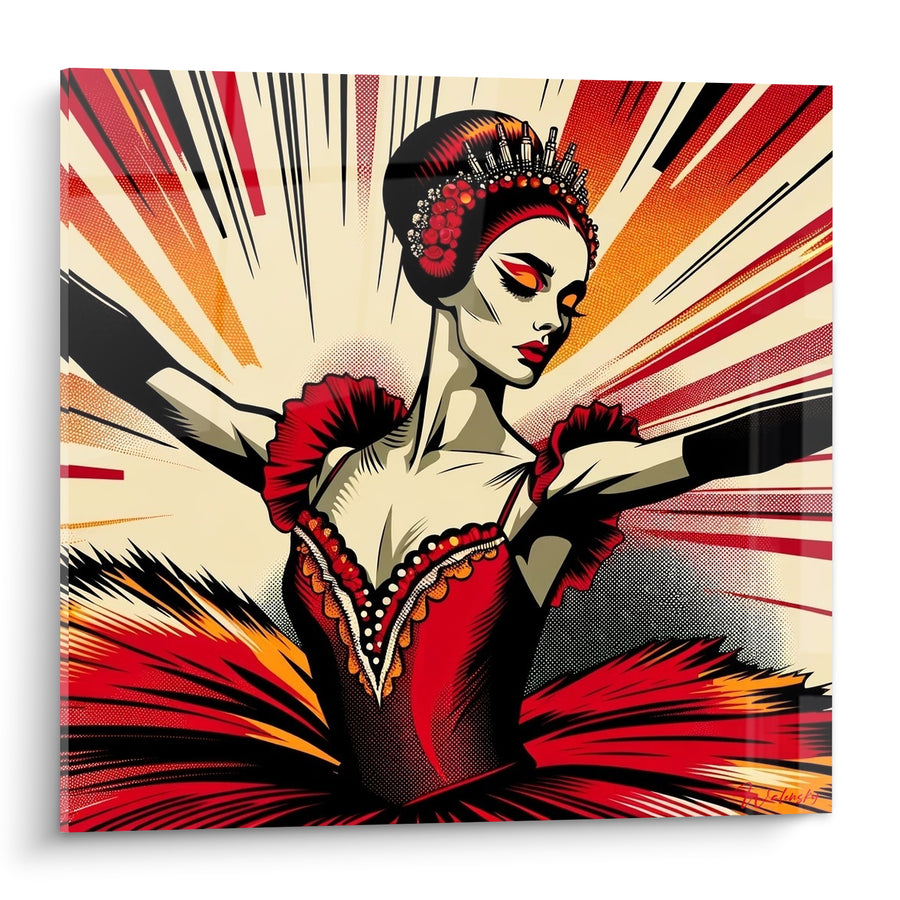 Tableau Ballerine rouge et orange en tutu explosif - Envol de la scène - Edition Pop art abstrait