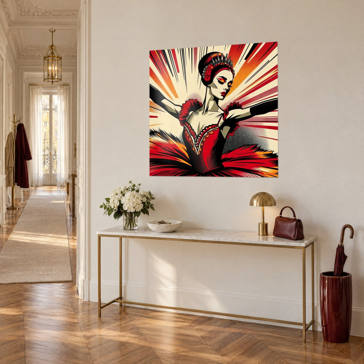 Tableau danseuse étoile au chignon couronné de perles rouges, corsage carmin, fond crème rayonnant, console dorée d'entrée