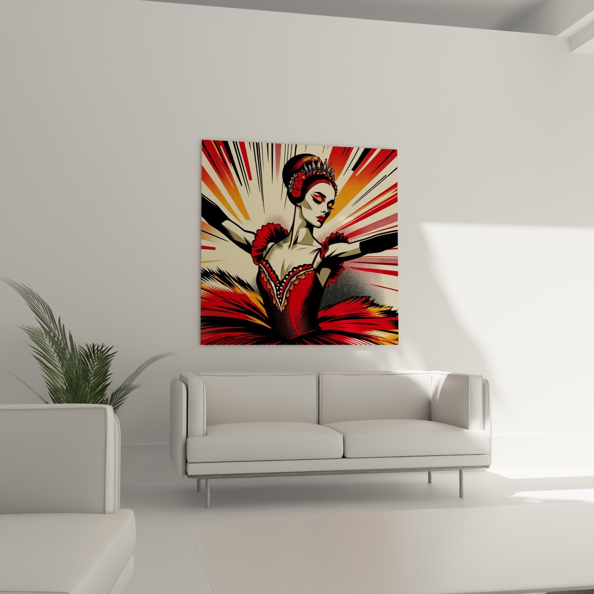 Ballerine rouge sang coiffée d'une couronne dorée, toile placée au-dessus d'un canapé dans un salon lumineux