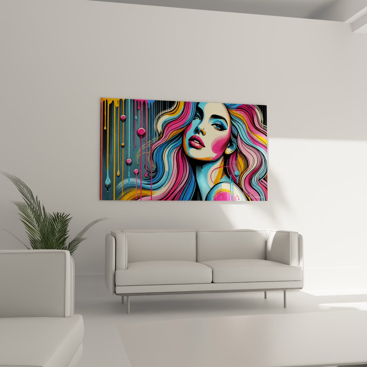 Chevelure ondulée rose et orange d'un portrait pop art placée au-dessus d'un canapé dans un salon lumineux