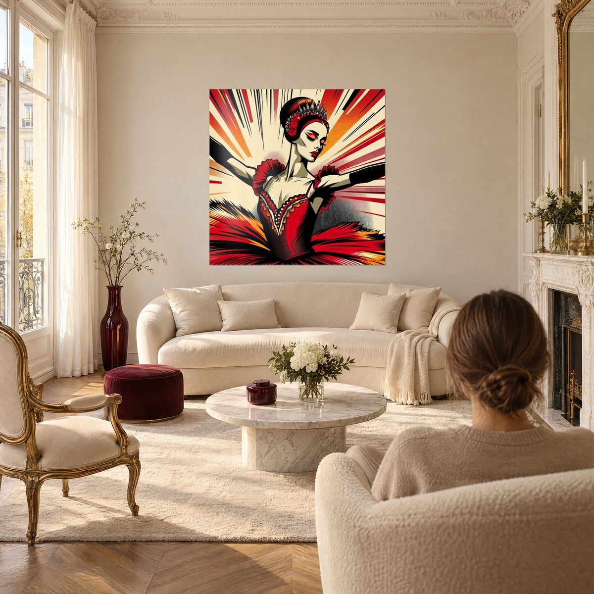 Tableau ballerine pop art en tutu écarlate, rayons orange et noirs, bras tendus, au-dessus d'un canapé dans un salon lumineux