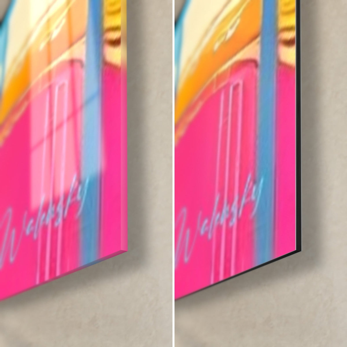 Gemälde Pop-Art-Gesicht mit rosa Strähnen, rosa und orangefarbene Ecke unten rechts, glänzendes Acrylglas und matte Dibond-Alu, 3 mm Stärke