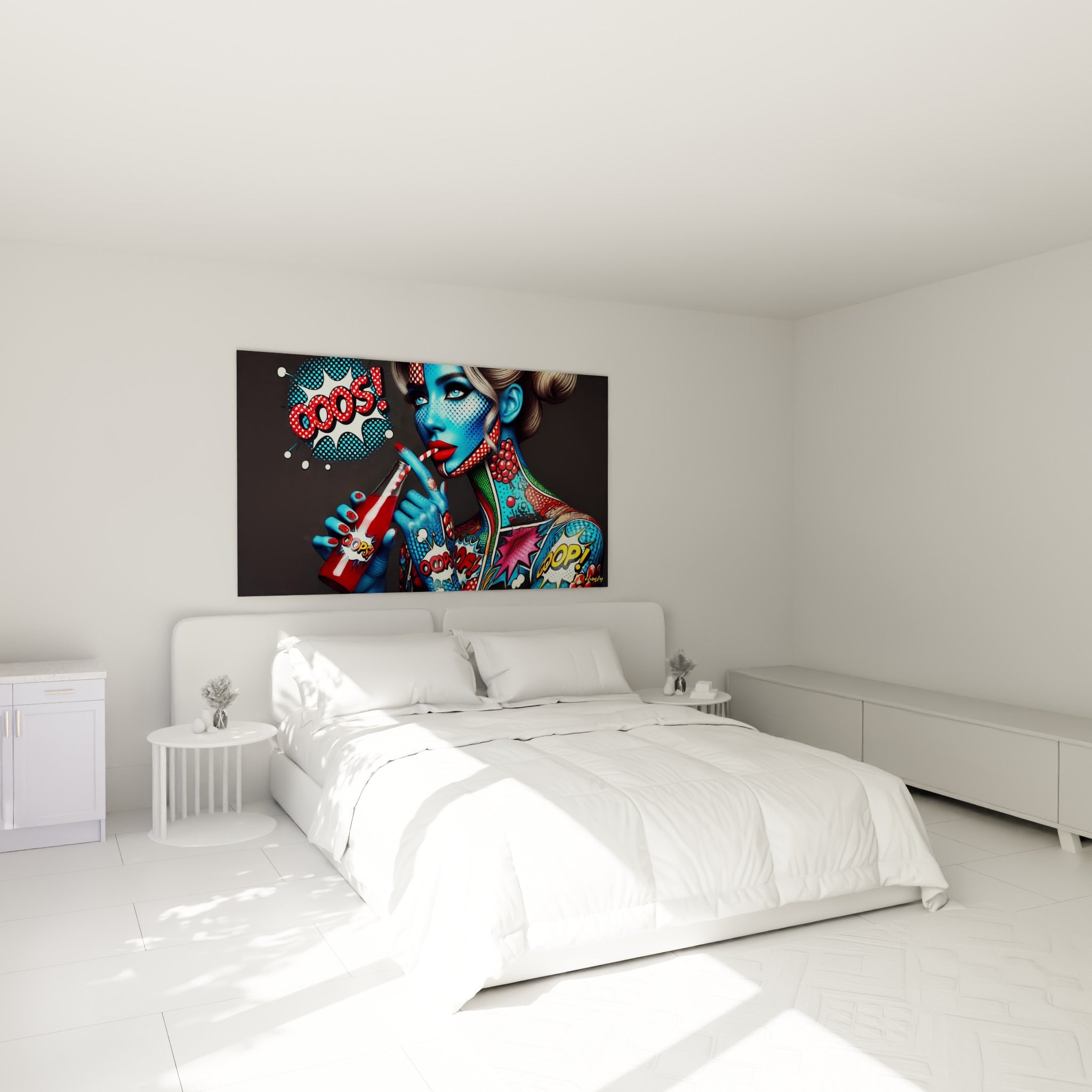Portrait bleu électrique aux bulles rouges façon bande dessinée, accroché au-dessus d'un lit dans une chambre claire