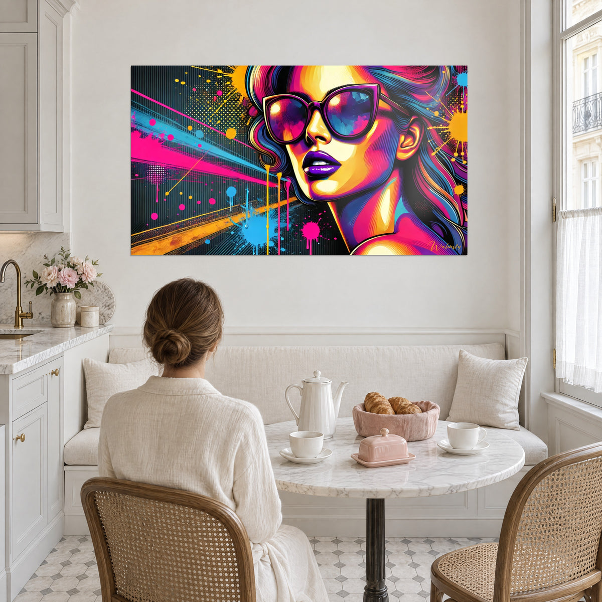 Obraz młoda kobieta w stylu pop art w okularach przeciwsłonecznych, fuksjowe i niebieskie smugi, naprzeciw stołu śniadaniowego w białej kuchni