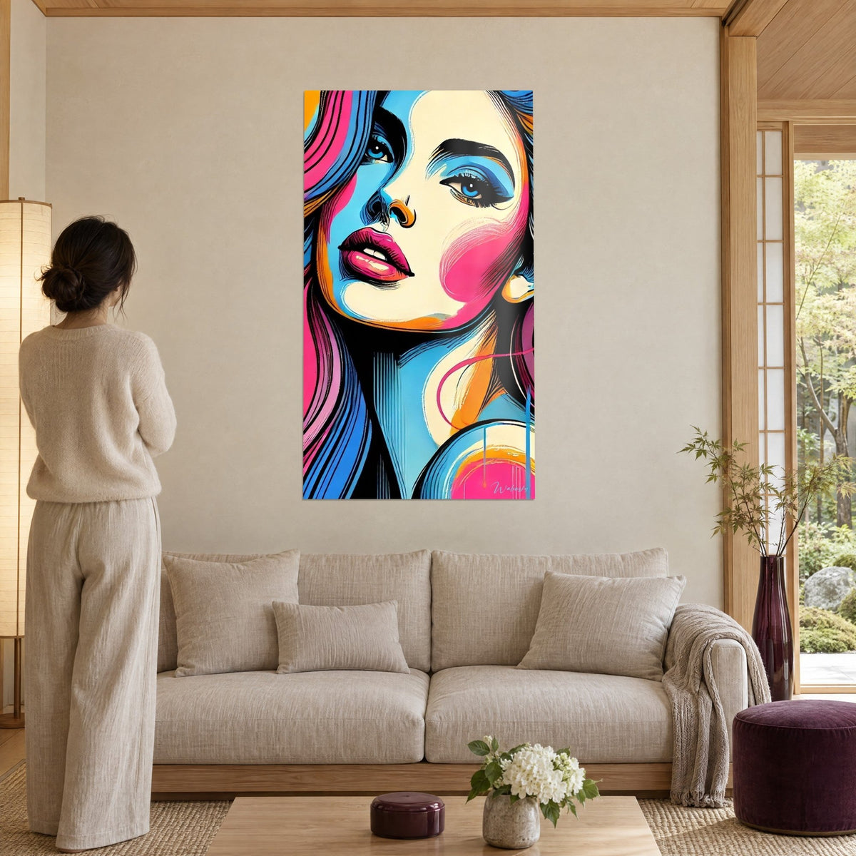 Gemälde Pop-Art-Porträt mit fuchsiafarbenen Lippen und blauen Augen, rosa Strähnen, Frau von hinten, über einem Sofa in einem hellen Wohnzimmer
