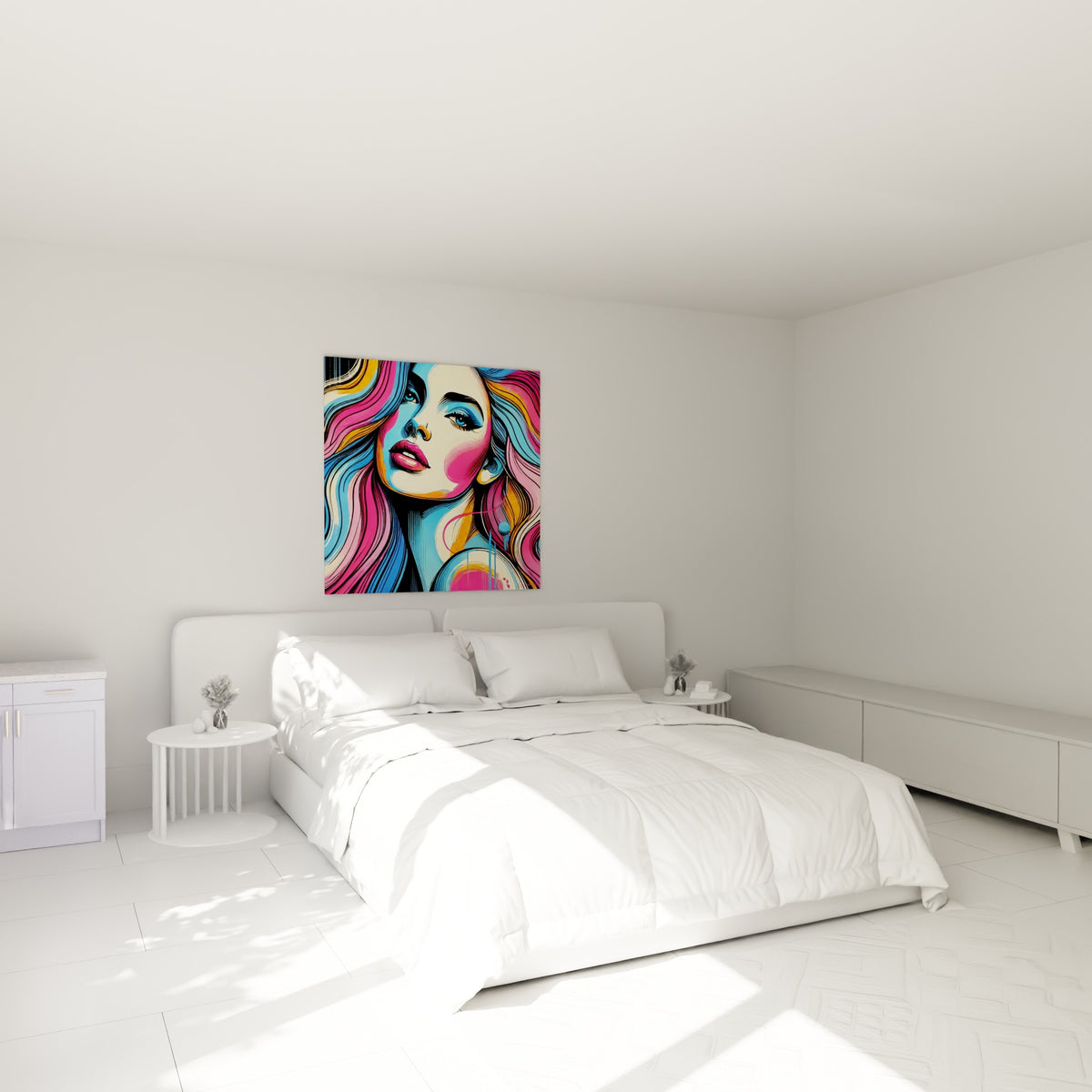 Portrait rose et bleu turquoise aux lèvres vives, accroché au-dessus d'un lit dans une chambre claire