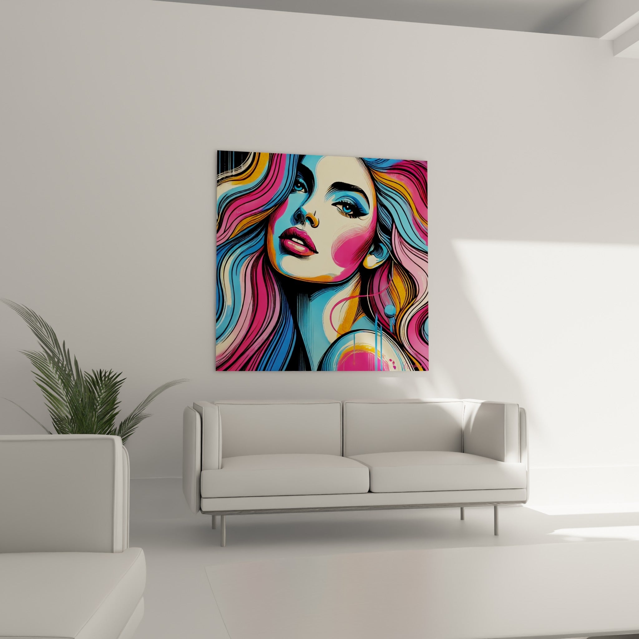 Chevelure orangée et fuchsia encadrant un regard bleu intense, au-dessus d'un canapé dans un salon lumineux