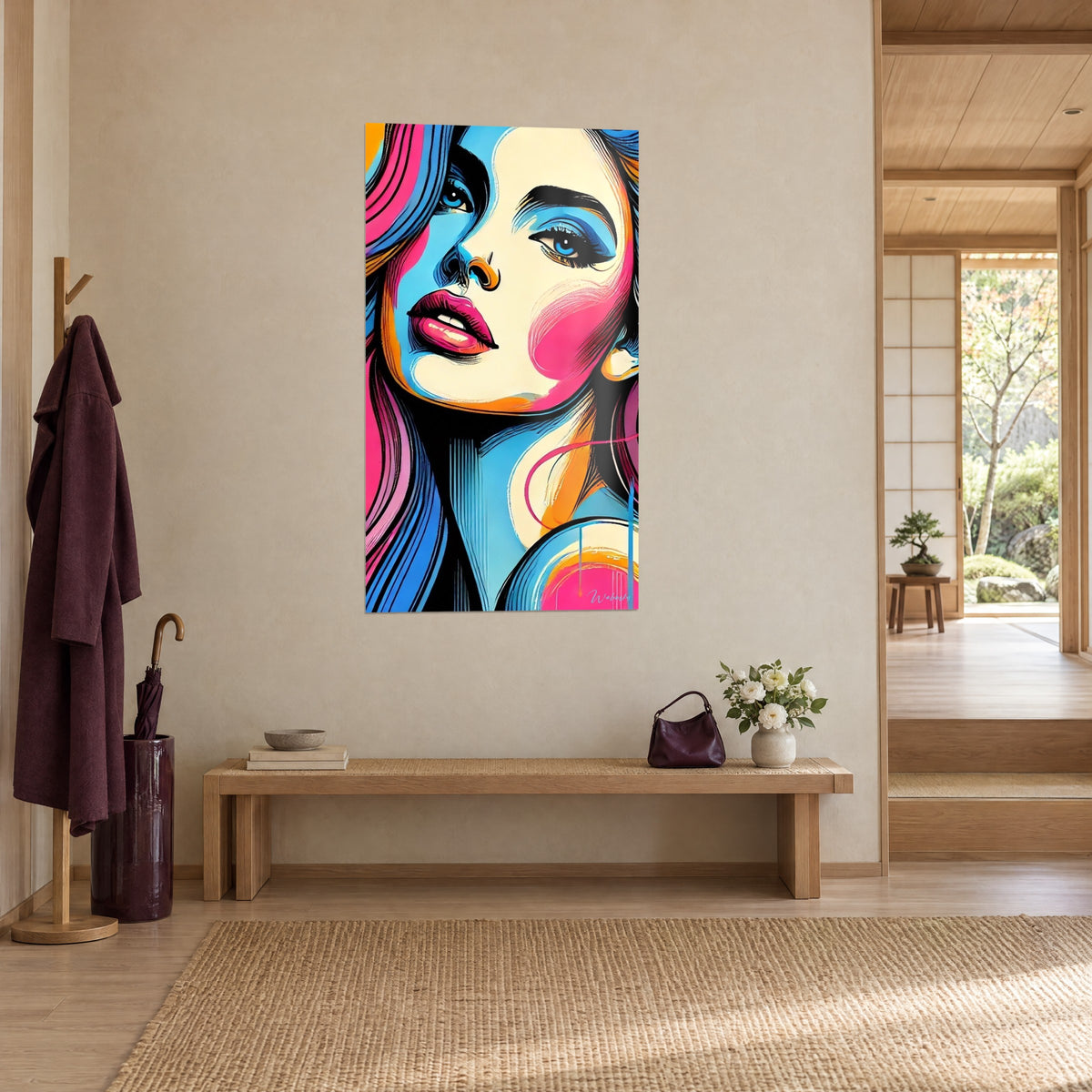 Gemälde stylisiertes Frauengesicht mit rosa Wangen und türkisblauen Schatten, dreiviertel Ansicht, beige Wand eines Japandi-Flurs