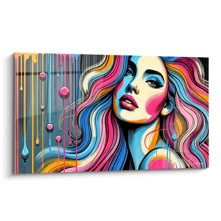 Tableau Portrait féminin aux mèches roses et bleues - Rêverie électrique - Edition Pop art abstrait
