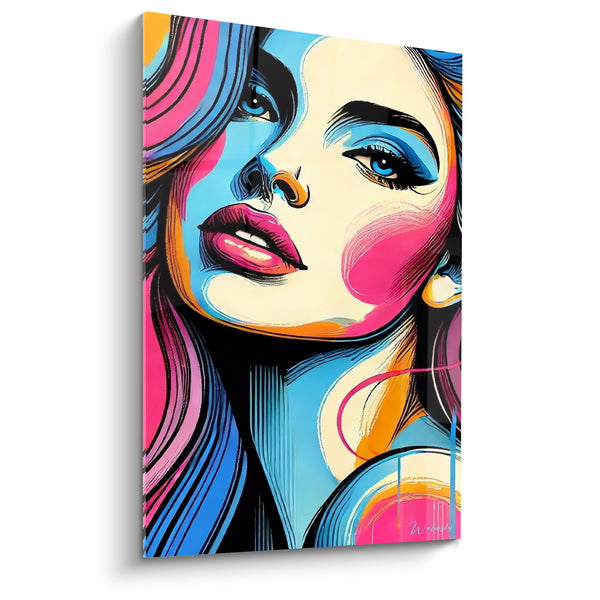 Tableau Visage féminin aux mèches roses et bleues - Regard électrique - Edition Pop art abstrait