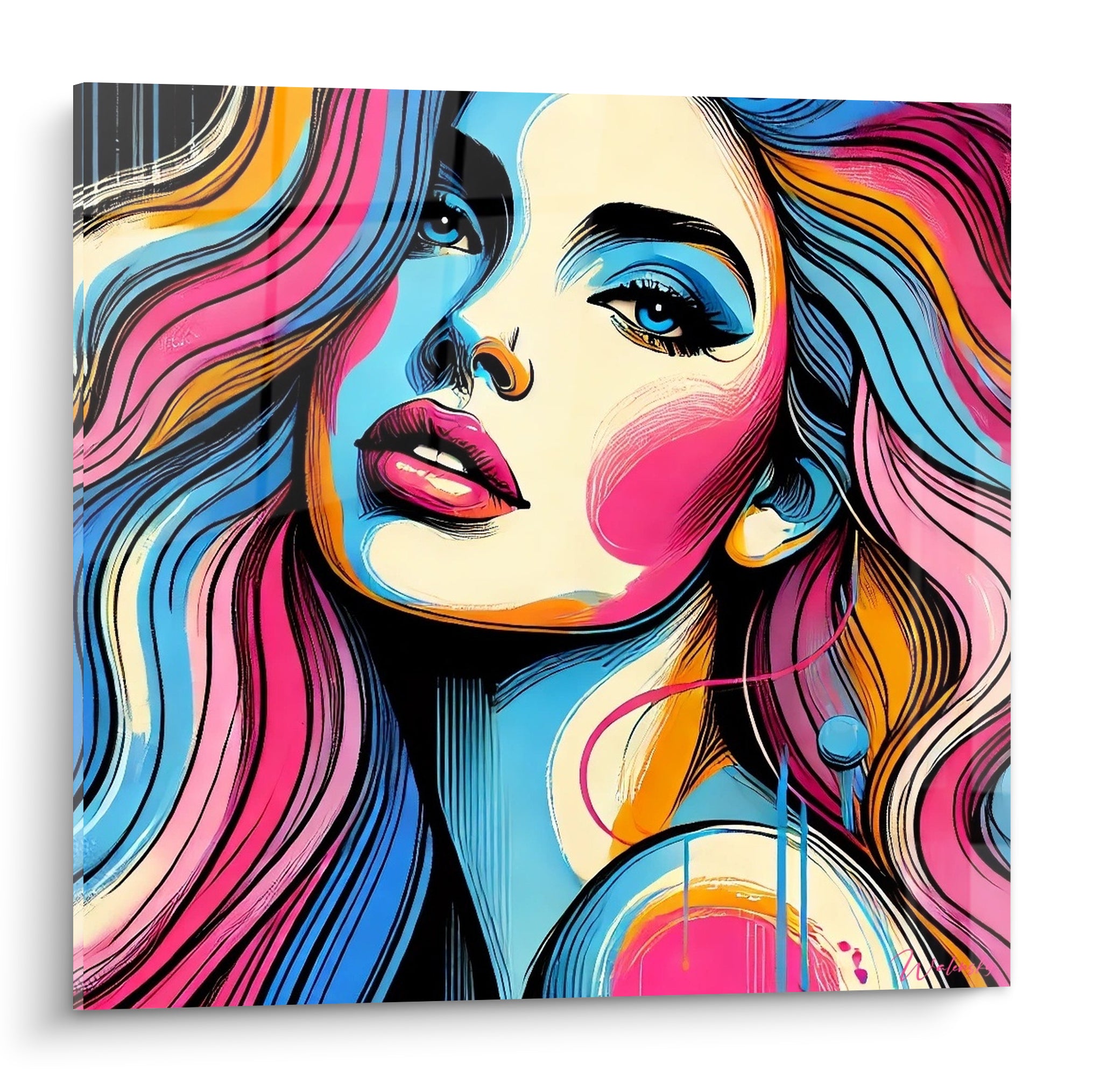 Visage féminin aux mèches rose fuchsia et bleu électrique, traits noirs, regard levé vers le haut
