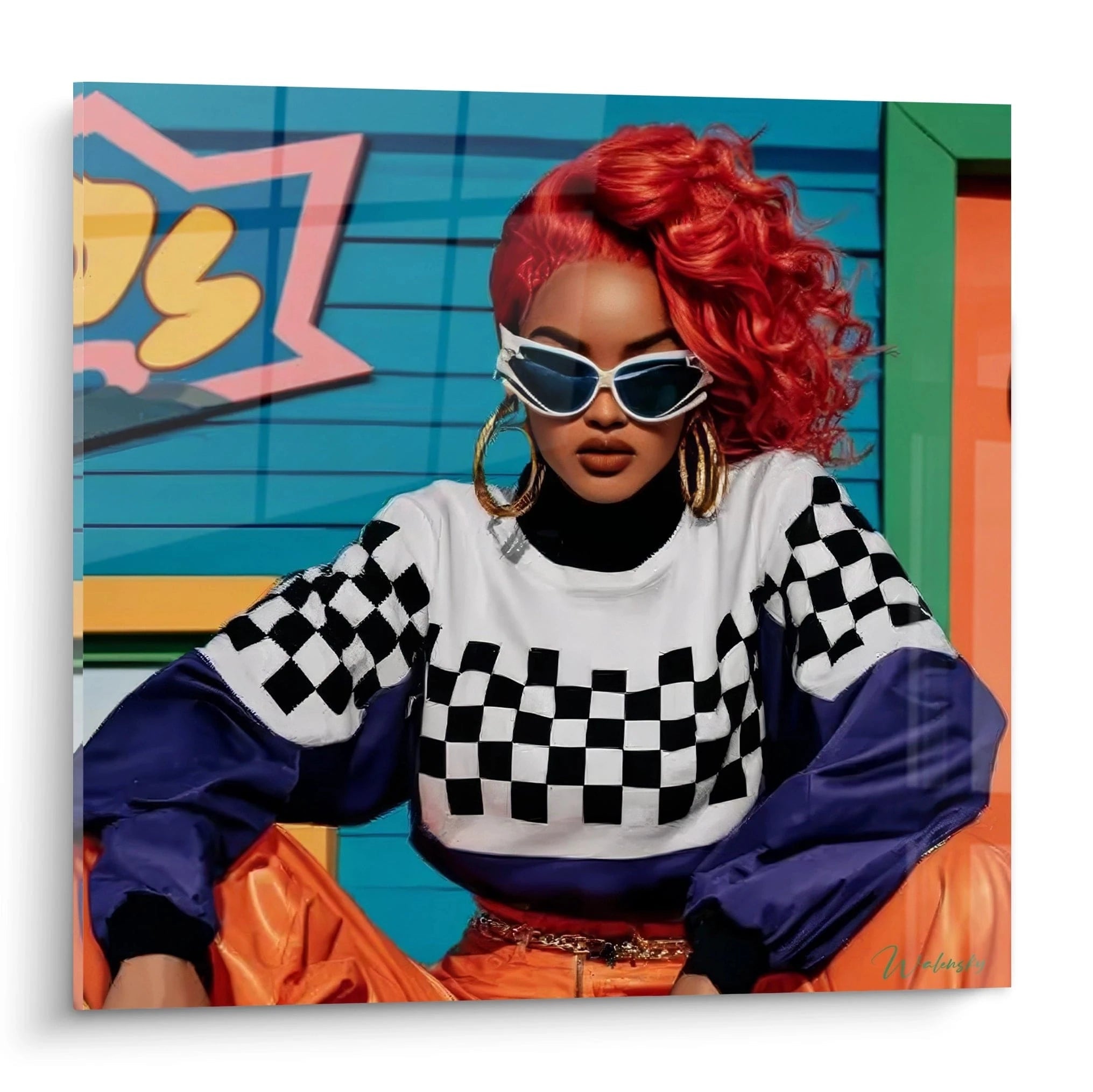 Tableau pop art urbain représentant une femme avec des lunettes de soleil et des vêtements aux motifs modernes