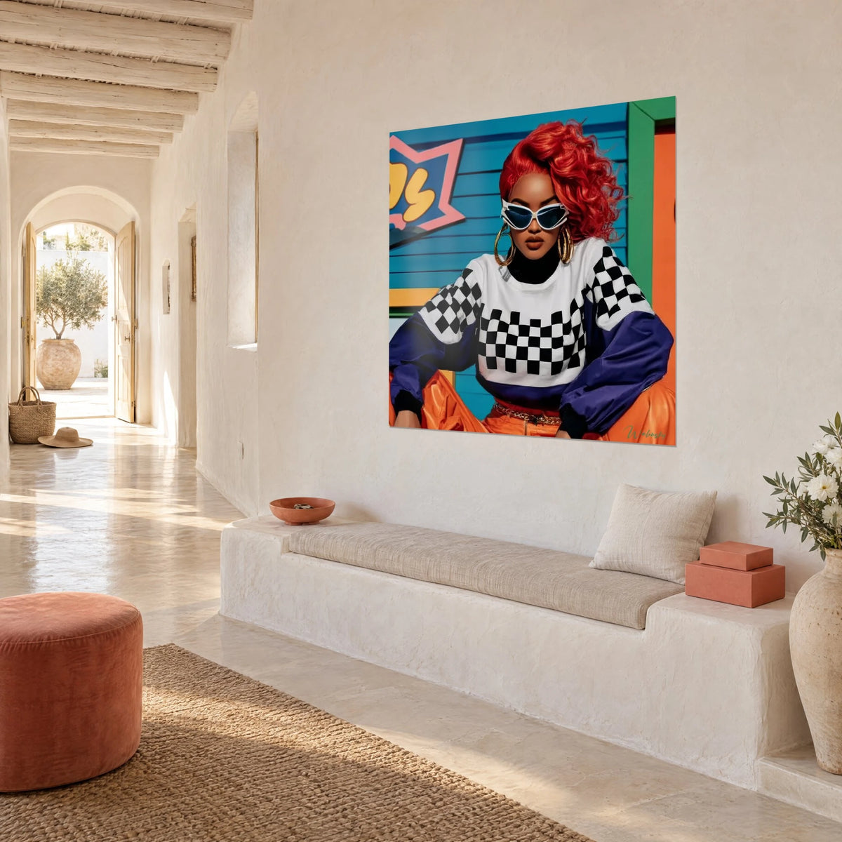 Πίνακας πορτρέτο pop art, κατακόκκινα μαλλιά και ελεφαντοστέινα γυαλιά ηλίου, μαύρο καρό πουλόβερ, τρία τέταρτα, λευκός ασβεστωμένος τοίχος